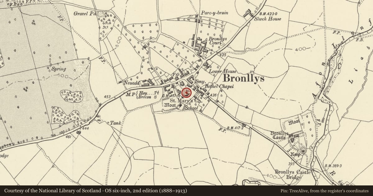 Ordnance Survey six-inch map, 2nd edition (1888–1913) covering the location of Detached belltower at the church of St. Mary, Bronllys, Powys, with a pin at the register's coordinates