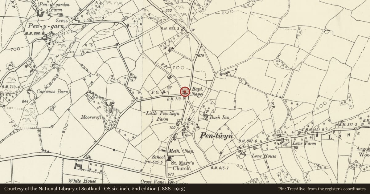 Ordnance Survey six-inch map, 2nd edition (1888–1913) covering the location of Former Baptist Chapel, Trellech United, Monmouthshire, with a pin at the register's coordinates
