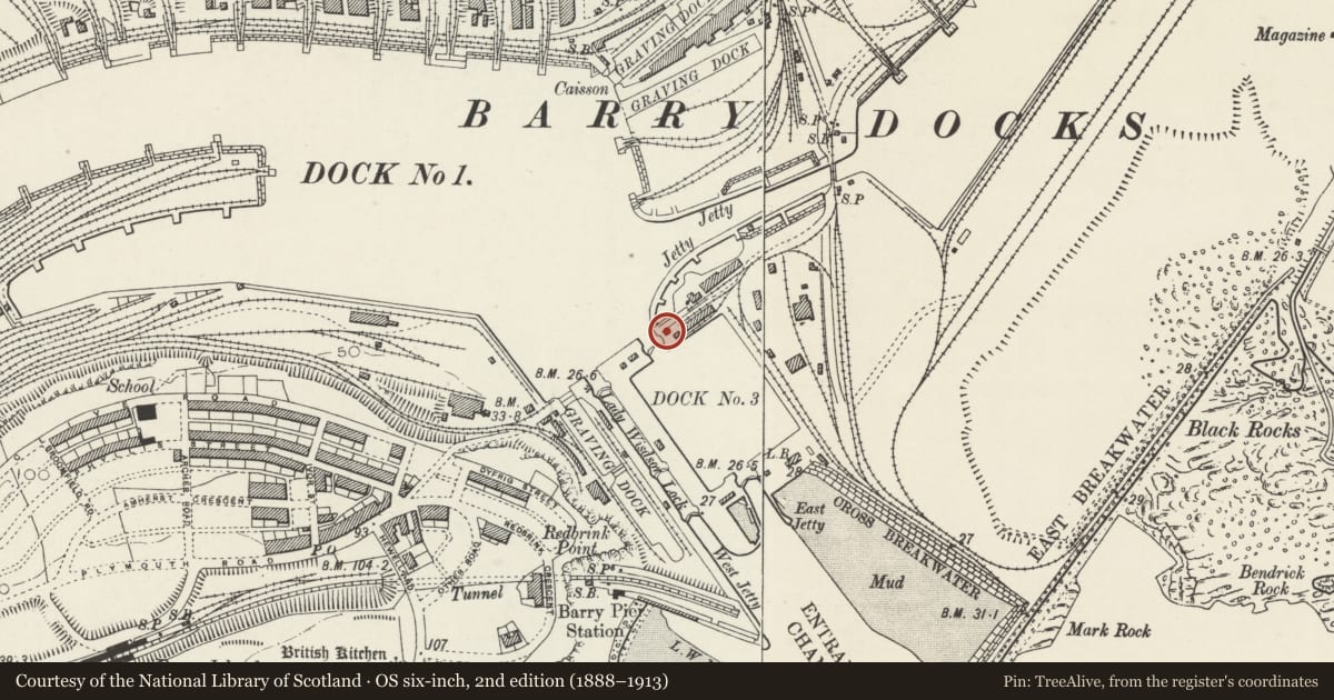 Ordnance Survey six-inch map, 2nd edition (1888–1913) covering the location of Operator's Cabin to Sliding Bridge, Barry, Vale of Glamorgan, with a pin at the register's coordinates