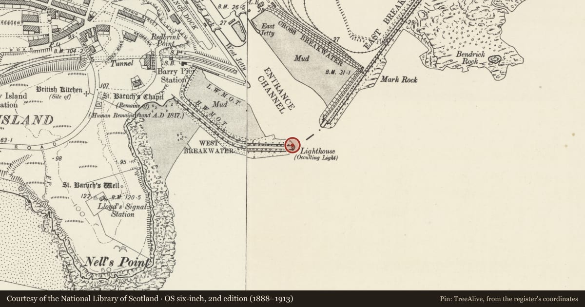 Ordnance Survey six-inch map, 2nd edition (1888–1913) covering the location of Breakwater Lighthouse, Barry, Vale of Glamorgan, with a pin at the register's coordinates