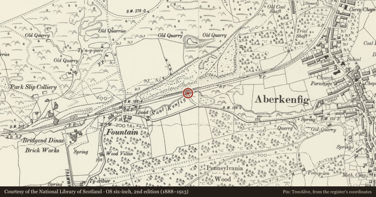 Ordnance Survey six-inch map, 2nd edition (1888–1913) covering the location of Former Bridgend Tramroad bridge over Nant Cynffig, Newcastle Higher, Bridgend, with a pin at the register's coordinates