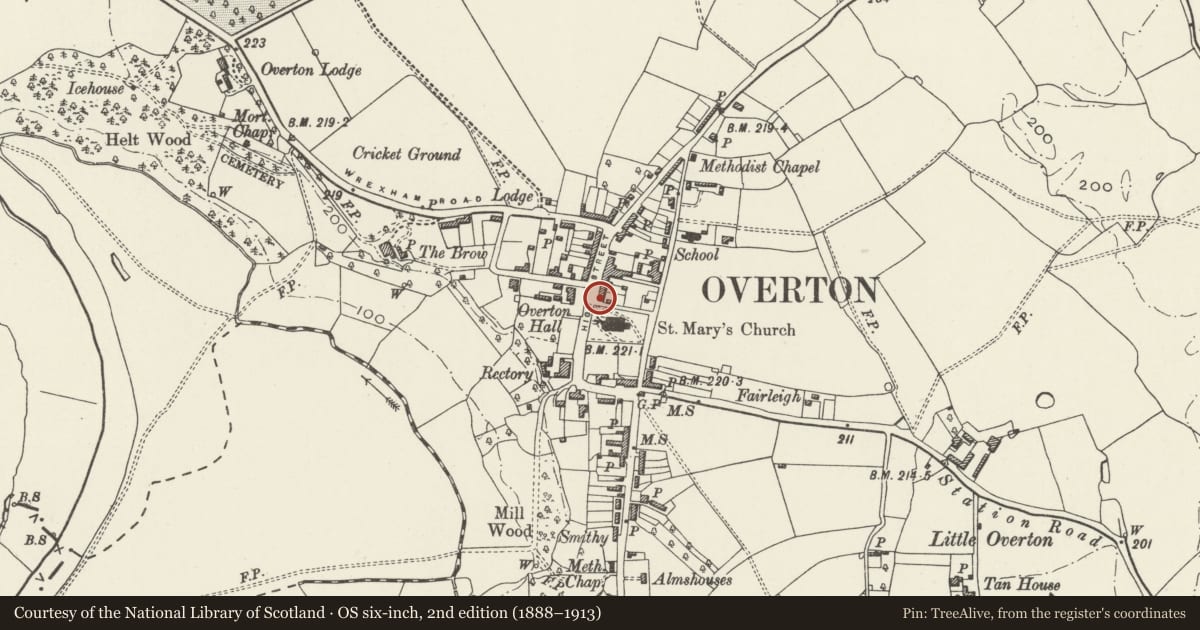 Ordnance Survey six-inch map, 2nd edition (1888–1913) covering the location of Church Cottage, Overton, Wrexham, with a pin at the register's coordinates