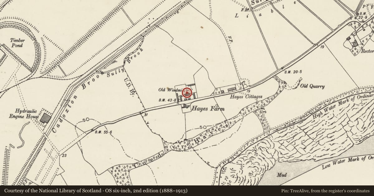Ordnance Survey six-inch map, 2nd edition (1888–1913) covering the location of Hayes Farm Windmill, Sully, Vale of Glamorgan, with a pin at the register's coordinates