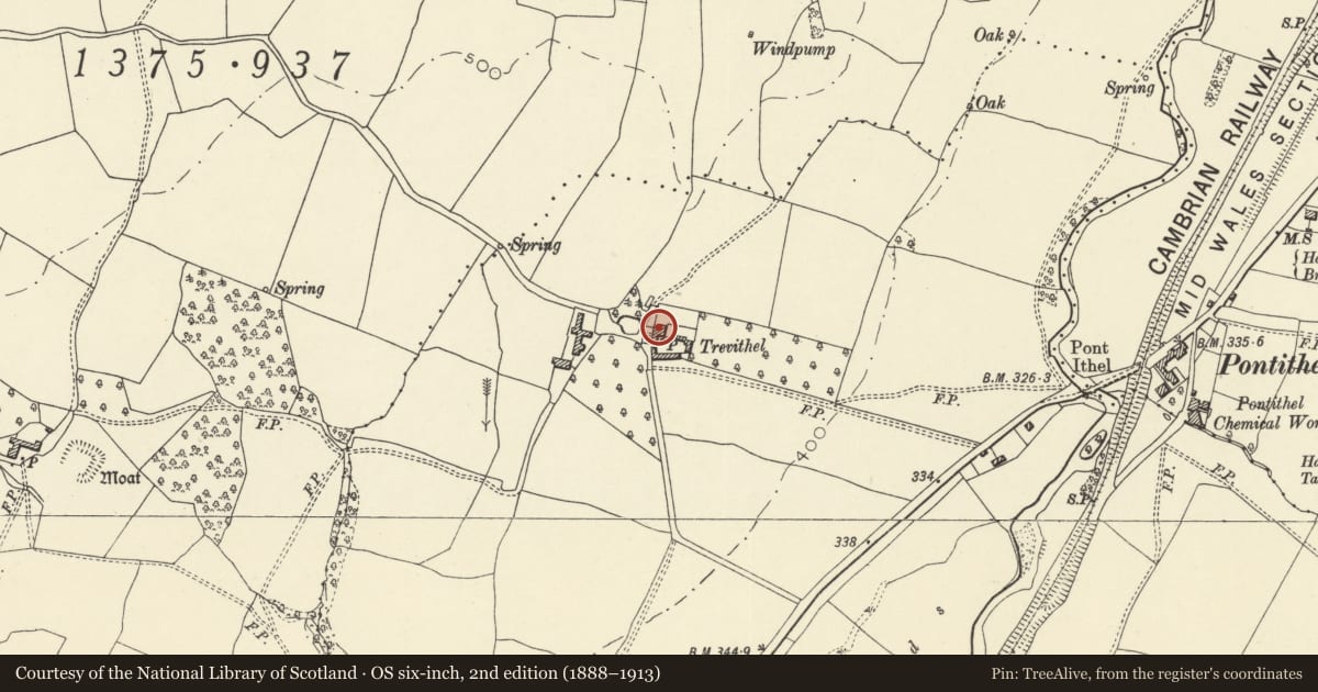 Ordnance Survey six-inch map, 2nd edition (1888–1913) covering the location of Trefithel Farmhouse, Bronllys, Powys, with a pin at the register's coordinates