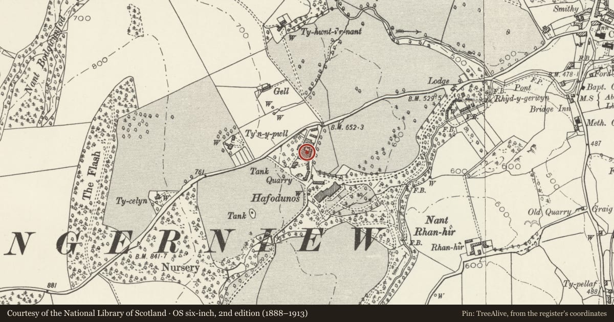 Ordnance Survey six-inch map, 2nd edition (1888–1913) covering the location of Home Farm Farmyard Ranges to N of Hafodunos Hall, Llangernyw, Conwy, with a pin at the register's coordinates