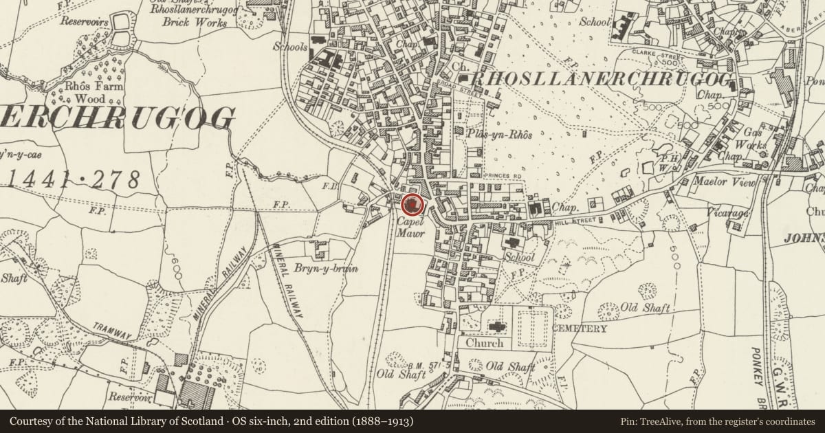 Ordnance Survey six-inch map, 2nd edition (1888–1913) covering the location of Capel Mawr (Jerusalem Welsh Presbyterian Chapel) with attached school room, Rhosllanerchrugog, Wrexham, with a pin at the register's coordinates