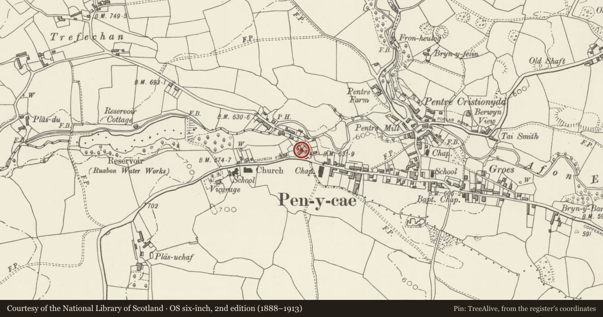 Ordnance Survey six-inch map, 2nd edition (1888–1913) covering the location of Ty Brith, Penycae, Wrexham, with a pin at the register's coordinates