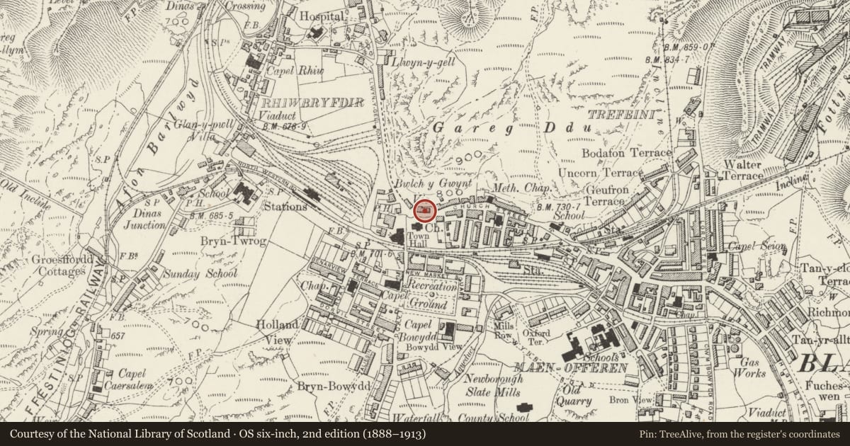 Ordnance Survey six-inch map, 2nd edition (1888–1913) covering the location of Craigbach, Ffestiniog, Gwynedd, with a pin at the register's coordinates