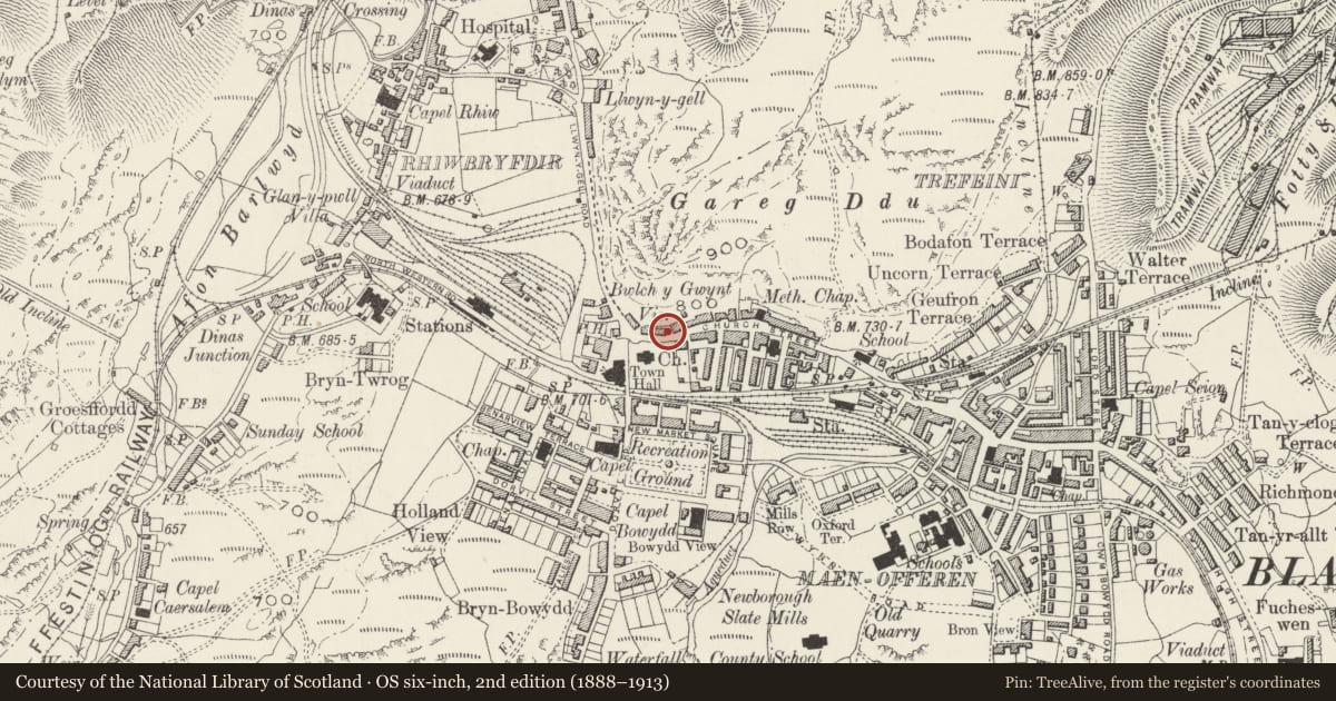 Ordnance Survey six-inch map, 2nd edition (1888–1913) covering the location of Former Vicarage, Ffestiniog, Gwynedd, with a pin at the register's coordinates