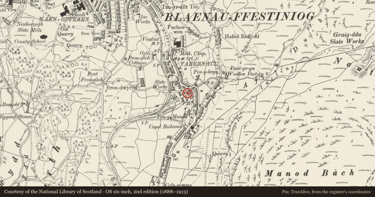 Ordnance Survey six-inch map, 2nd edition (1888–1913) covering the location of Mile Post, Ffestiniog, Gwynedd, with a pin at the register's coordinates
