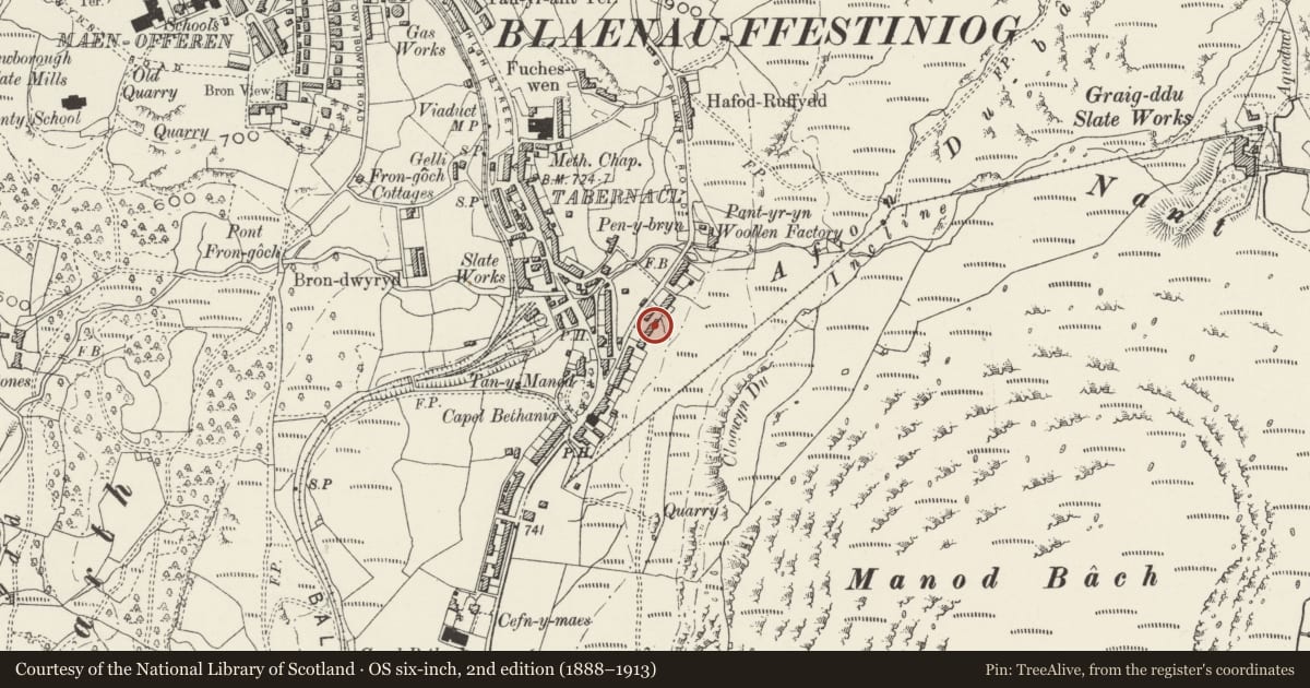Ordnance Survey six-inch map, 2nd edition (1888–1913) covering the location of 5 Uwchllaw'rffynnon Terrace, Ffestiniog, Gwynedd, with a pin at the register's coordinates