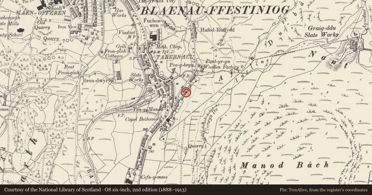 Ordnance Survey six-inch map, 2nd edition (1888–1913) covering the location of 6 Uwchllaw'rffynnon Terrace, Ffestiniog, Gwynedd, with a pin at the register's coordinates