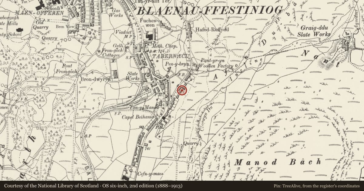 Ordnance Survey six-inch map, 2nd edition (1888–1913) covering the location of 7 Uwchllaw'rffynnon Terrace, Ffestiniog, Gwynedd, with a pin at the register's coordinates