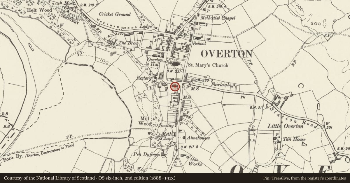 Ordnance Survey six-inch map, 2nd edition (1888–1913) covering the location of Former Lloyd's Bank Premises, Overton, Wrexham, with a pin at the register's coordinates