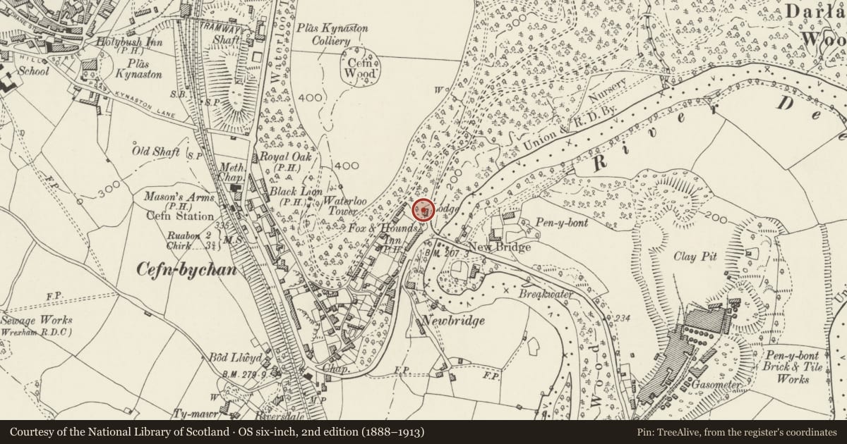 Ordnance Survey six-inch map, 2nd edition (1888–1913) covering the location of Newbridge Lodge, Cefn, Wrexham, with a pin at the register's coordinates