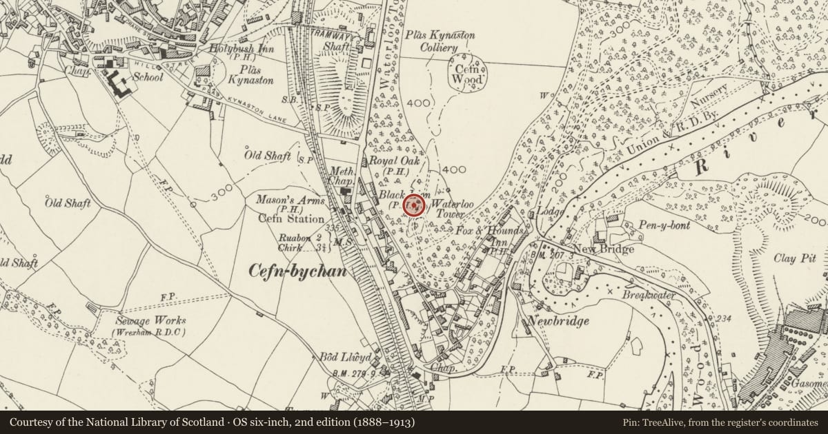 Ordnance Survey six-inch map, 2nd edition (1888–1913) covering the location of Waterloo Tower including outwork walls, Cefn, Wrexham, with a pin at the register's coordinates