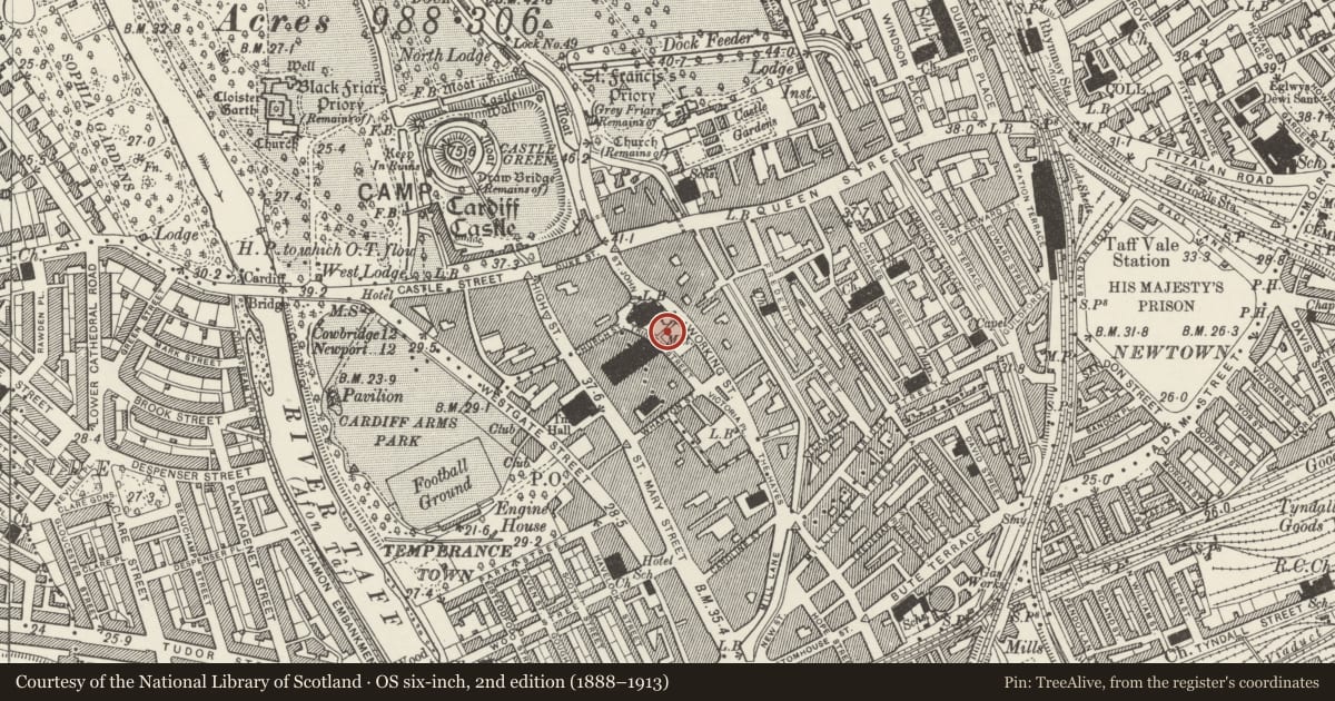 Ordnance Survey six-inch map, 2nd edition (1888–1913) covering the location of Railings, Gates and Dwarf Wall to St John's Churchyard (S Section), Castle, Cardiff, with a pin at the register's coordinates