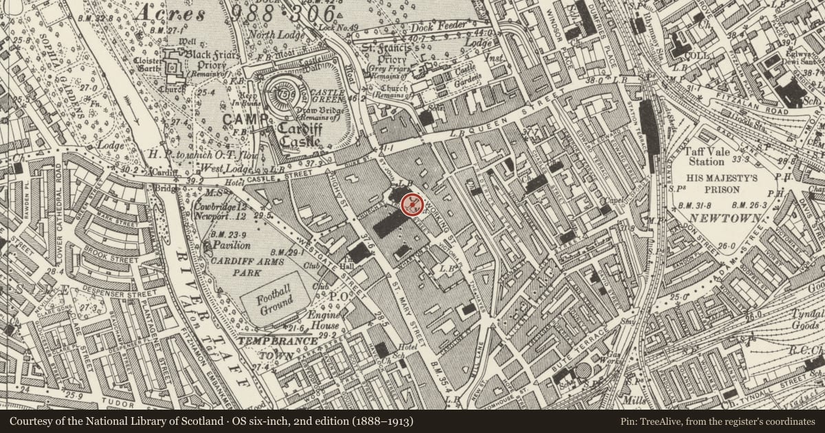 Ordnance Survey six-inch map, 2nd edition (1888–1913) covering the location of Railings, Gates and Dwarf Wall to St John's Churchyard (N Section), Castle, Cardiff, with a pin at the register's coordinates