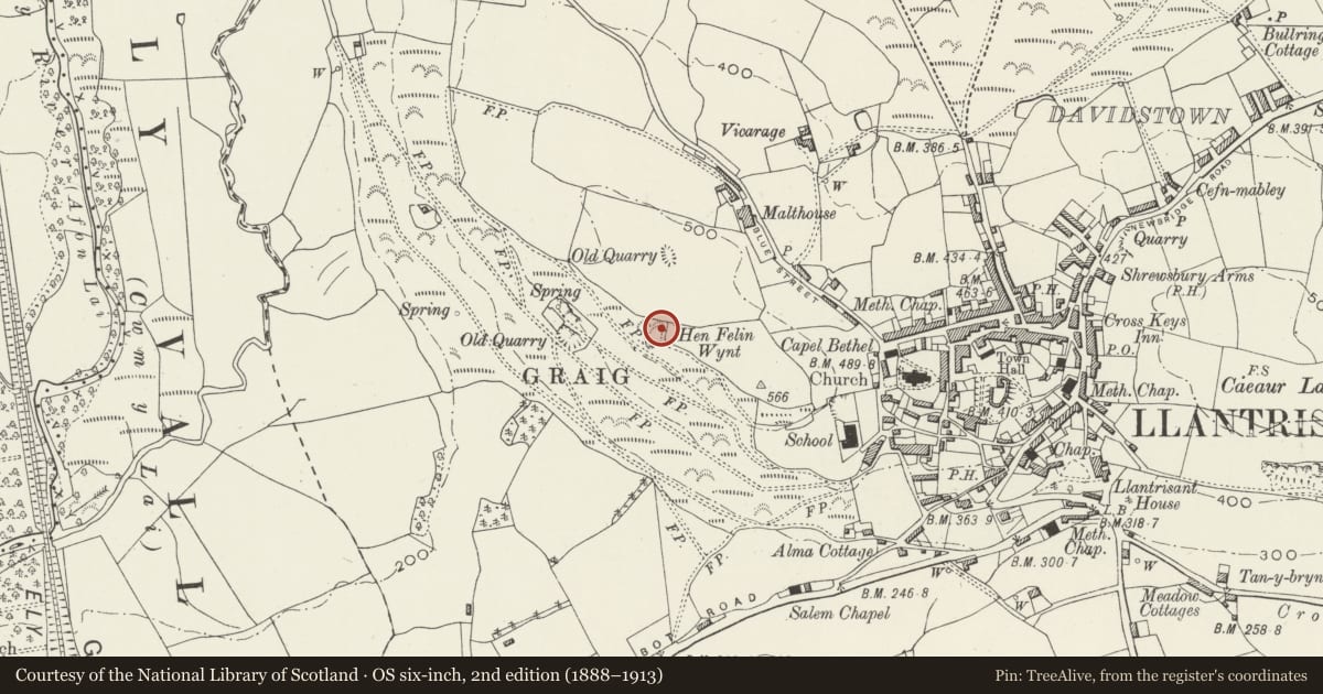 Ordnance Survey six-inch map, 2nd edition (1888–1913) covering the location of Y Felin Wynt Tower, Llantrisant, Rhondda Cynon Taff, with a pin at the register's coordinates