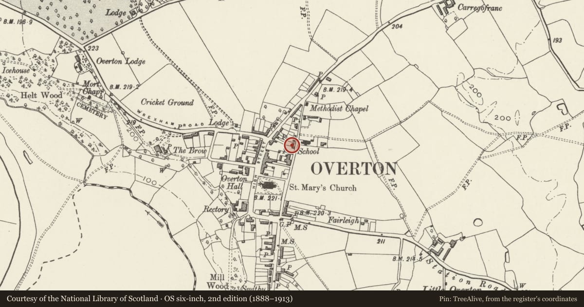 Ordnance Survey six-inch map, 2nd edition (1888–1913) covering the location of Quinta Cottage, Overton, Wrexham, with a pin at the register's coordinates