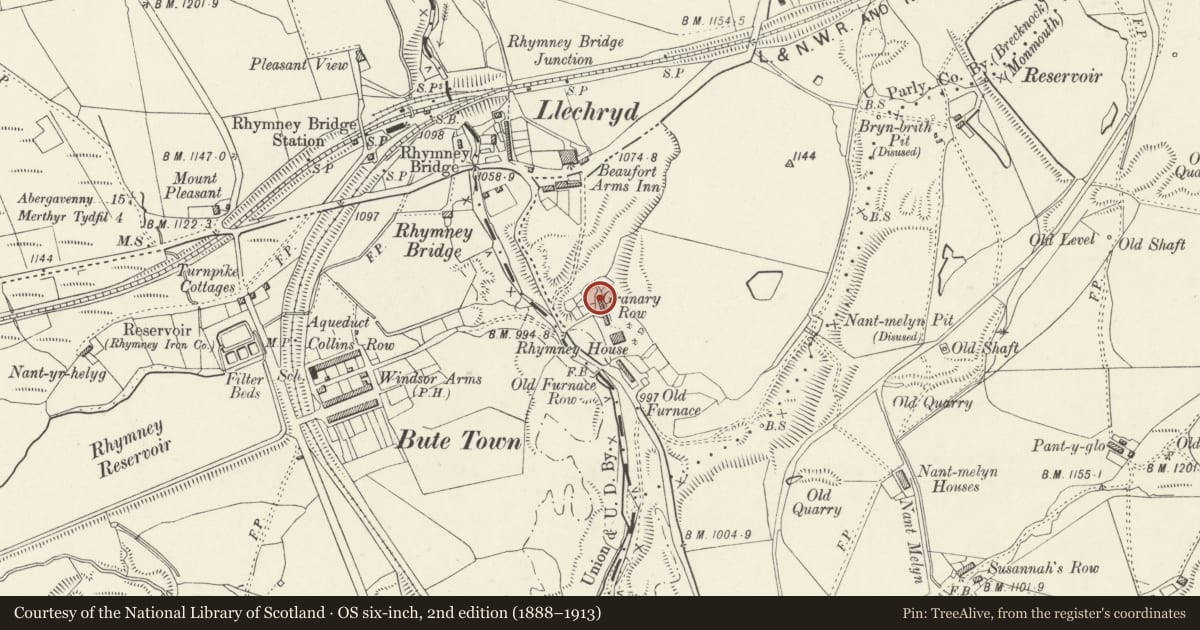 Ordnance Survey six-inch map, 2nd edition (1888–1913) covering the location of Old Furnace Farmhouse, Rhymney, Caerphilly, with a pin at the register's coordinates