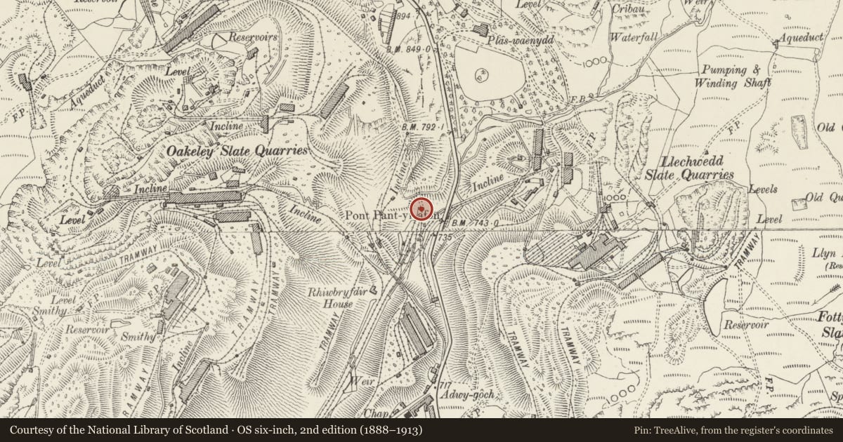 Ordnance Survey six-inch map, 2nd edition (1888–1913) covering the location of Railway Tunnel Portal, Ffestiniog, Gwynedd, with a pin at the register's coordinates