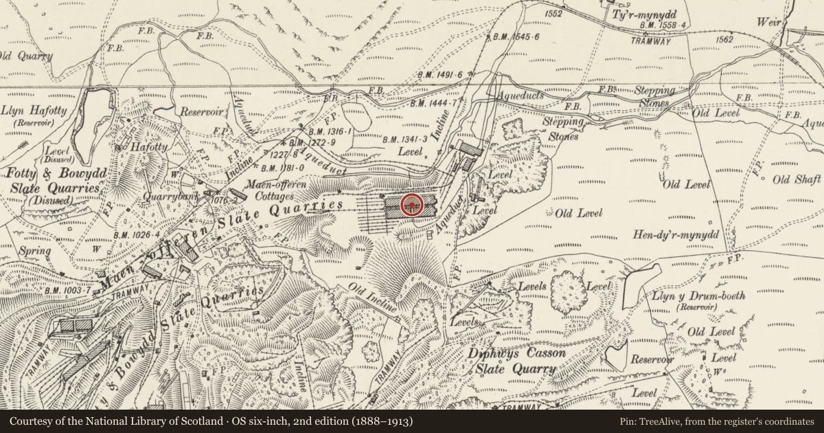 Ordnance Survey six-inch map, 2nd edition (1888–1913) covering the location of Slate Dressing Mill, Ffestiniog, Gwynedd, with a pin at the register's coordinates