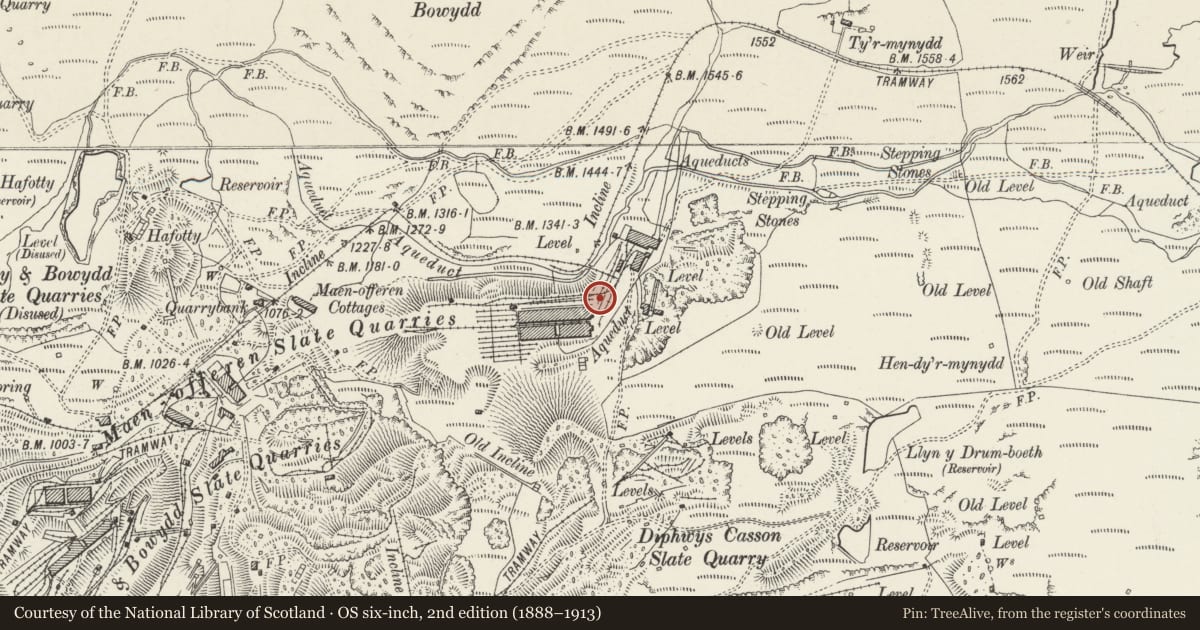 Ordnance Survey six-inch map, 2nd edition (1888–1913) covering the location of Smithy and Workshop Range, Ffestiniog, Gwynedd, with a pin at the register's coordinates