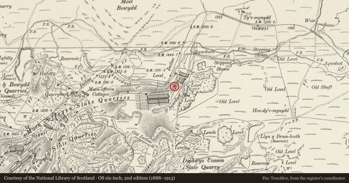 Ordnance Survey six-inch map, 2nd edition (1888–1913) covering the location of Former Engine House, Ffestiniog, Gwynedd, with a pin at the register's coordinates