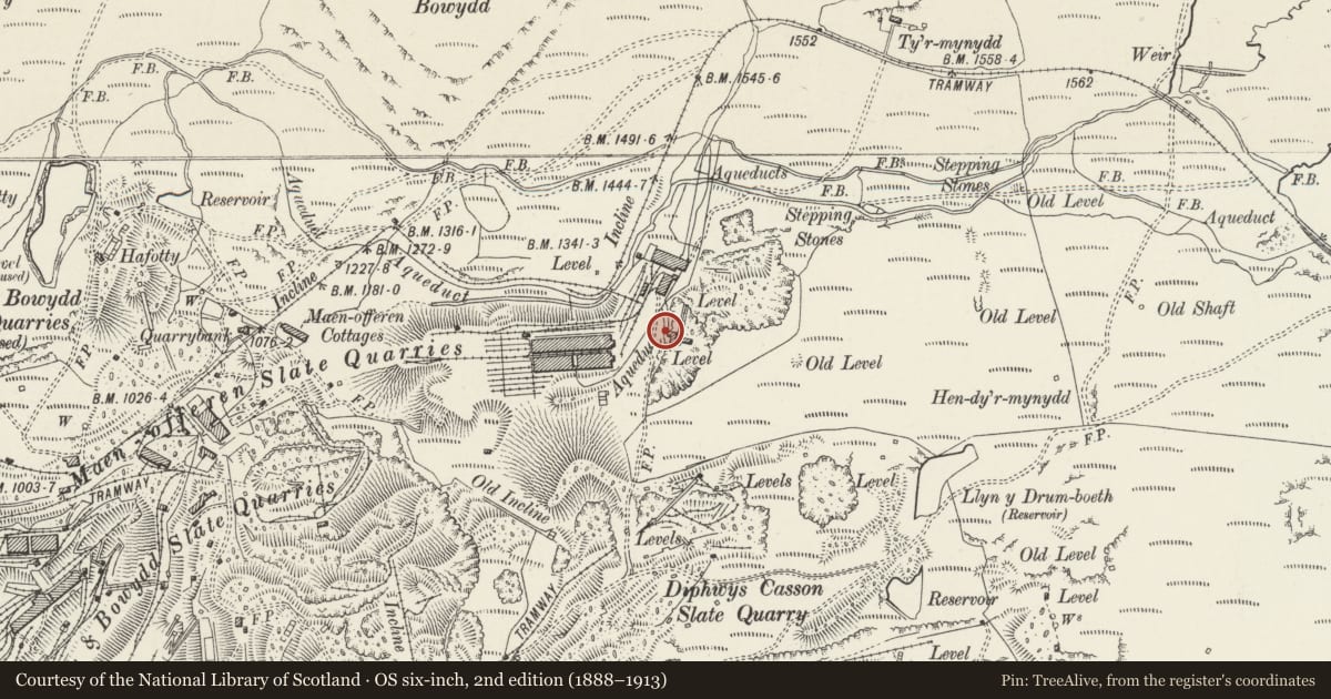 Ordnance Survey six-inch map, 2nd edition (1888–1913) covering the location of Powered Incline Drumhouse including chimney, Ffestiniog, Gwynedd, with a pin at the register's coordinates