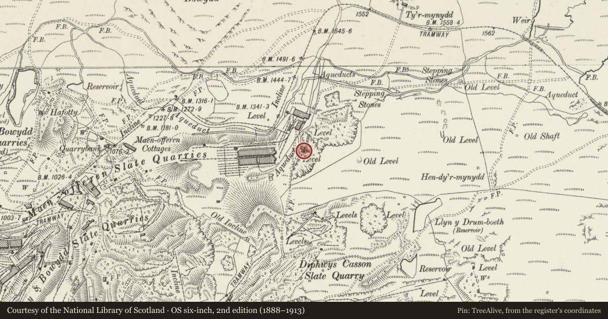 Ordnance Survey six-inch map, 2nd edition (1888–1913) covering the location of Former Weighbridge Hut, Ffestiniog, Gwynedd, with a pin at the register's coordinates