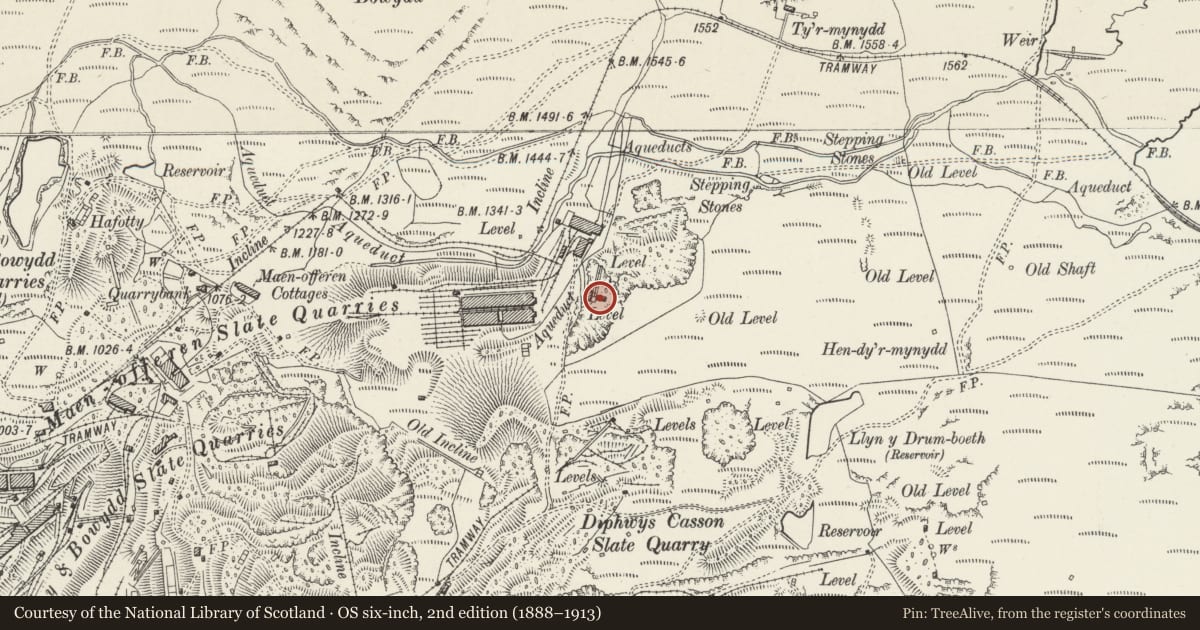 Ordnance Survey six-inch map, 2nd edition (1888–1913) covering the location of Remote Incline Drumhouse, Ffestiniog, Gwynedd, with a pin at the register's coordinates