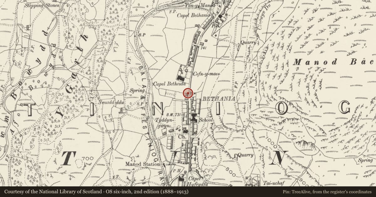 Ordnance Survey six-inch map, 2nd edition (1888–1913) covering the location of No 62 Manod Road, Ffestiniog, Gwynedd, with a pin at the register's coordinates