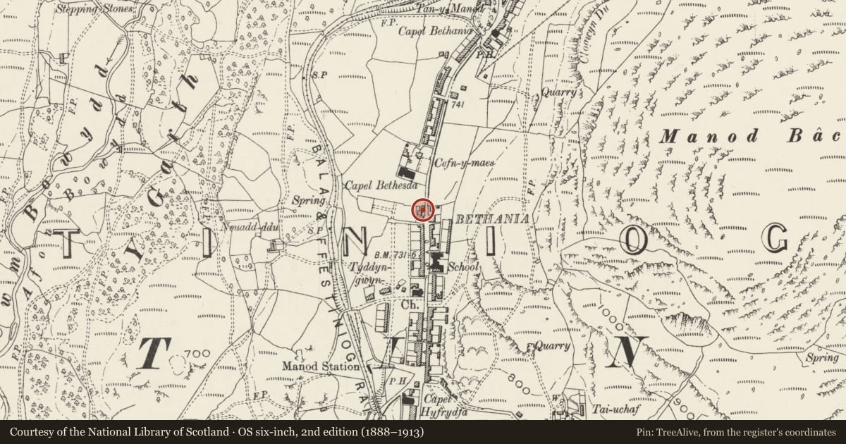 Ordnance Survey six-inch map, 2nd edition (1888–1913) covering the location of No 63 (Richard Lewis and Son) Manod Road, Ffestiniog, Gwynedd, with a pin at the register's coordinates
