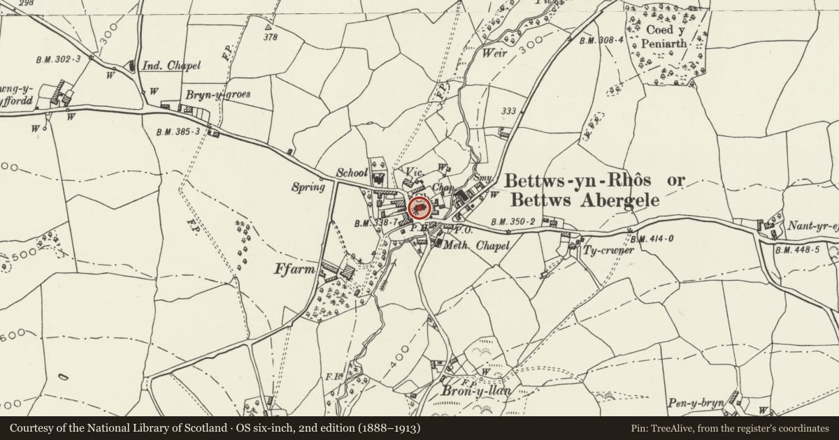 Ordnance Survey six-inch map, 2nd edition (1888–1913) covering the location of Parish Church of St Michael, Betws Yn Rhos, Conwy, with a pin at the register's coordinates