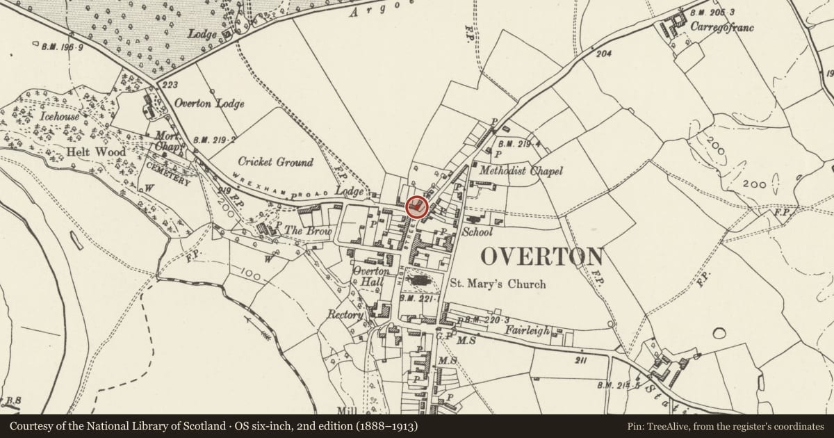 Ordnance Survey six-inch map, 2nd edition (1888–1913) covering the location of Pendas House, Overton, Wrexham, with a pin at the register's coordinates