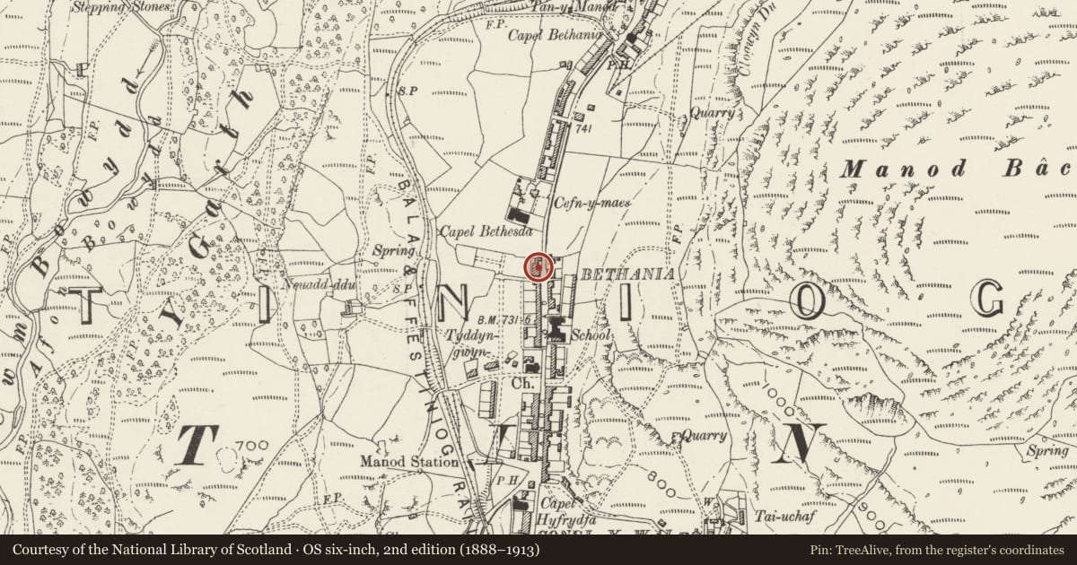 Ordnance Survey six-inch map, 2nd edition (1888–1913) covering the location of No 64 Manod Road, Ffestiniog, Gwynedd, with a pin at the register's coordinates