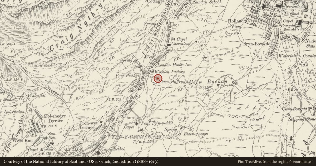 Ordnance Survey six-inch map, 2nd edition (1888–1913) covering the location of Moelwyn Millhouse, Ffestiniog, Gwynedd, with a pin at the register's coordinates