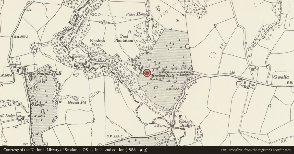 Ordnance Survey six-inch map, 2nd edition (1888–1913) covering the location of Knolton Hall, Overton, Wrexham, with a pin at the register's coordinates