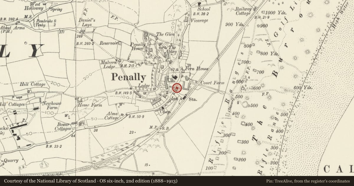 Ordnance Survey six-inch map, 2nd edition (1888–1913) covering the location of Giltar Lodge, Penally, Pembrokeshire, with a pin at the register's coordinates