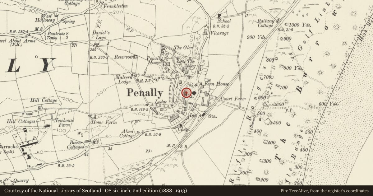 Ordnance Survey six-inch map, 2nd edition (1888–1913) covering the location of Michaelmas Cottage, Penally, Pembrokeshire, with a pin at the register's coordinates
