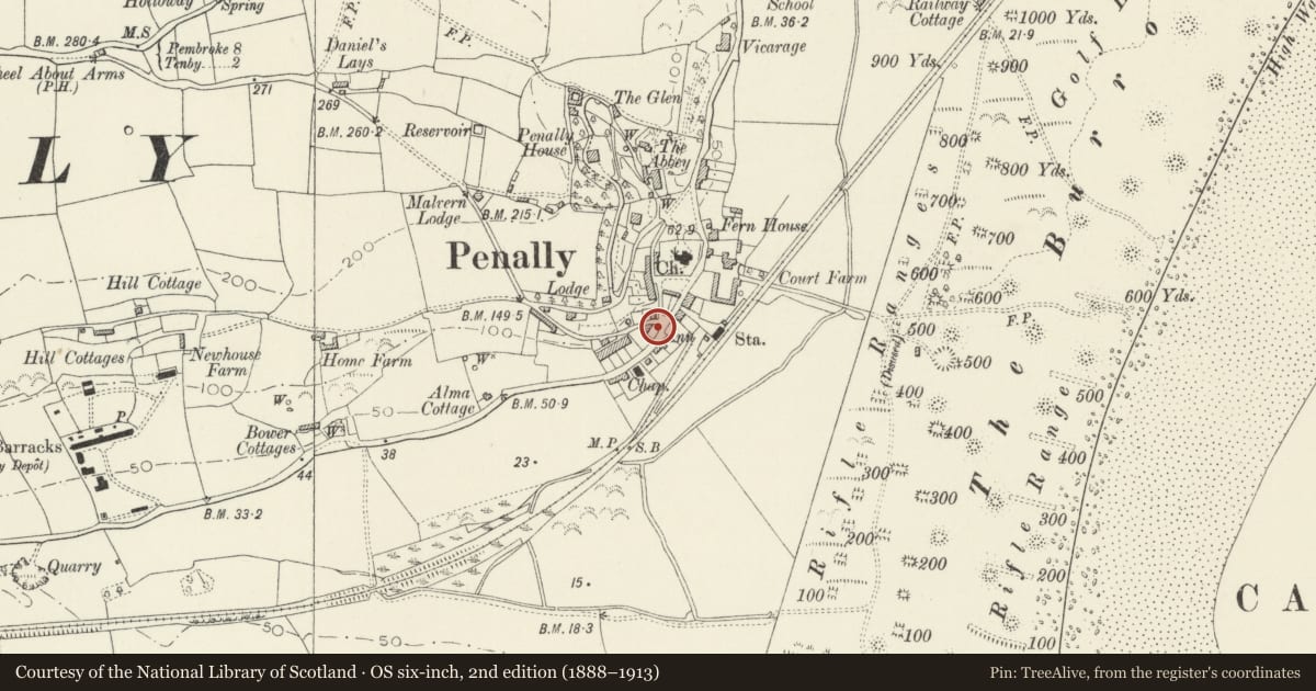 Ordnance Survey six-inch map, 2nd edition (1888–1913) covering the location of Jubilee Fountain, Penally, Pembrokeshire, with a pin at the register's coordinates