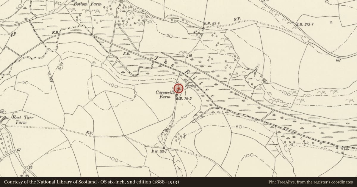 Ordnance Survey six-inch map, 2nd edition (1888–1913) covering the location of Old building East of Carswell Mediaeval House, Penally, Pembrokeshire, with a pin at the register's coordinates