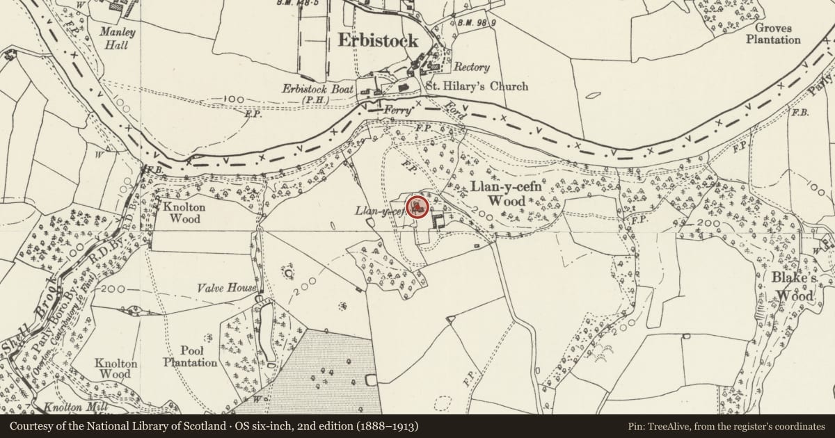Ordnance Survey six-inch map, 2nd edition (1888–1913) covering the location of Llan-y-Cefn, Overton, Wrexham, with a pin at the register's coordinates
