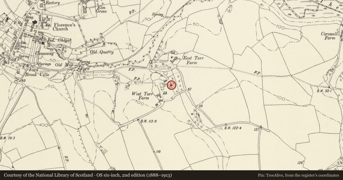 Ordnance Survey six-inch map, 2nd edition (1888–1913) covering the location of Old Building East of West Tarr Medieval House, Penally, Pembrokeshire, with a pin at the register's coordinates