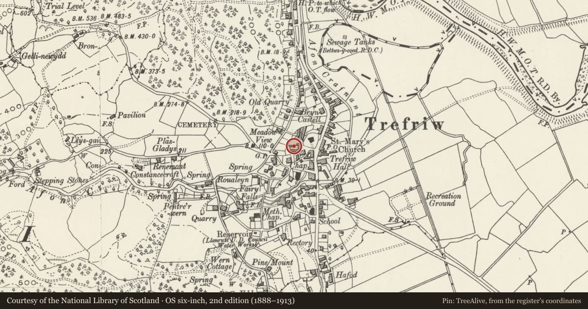Ordnance Survey six-inch map, 2nd edition (1888–1913) covering the location of Peniel Welsh Presbyterian Chapel, Trefriw, Conwy, with a pin at the register's coordinates