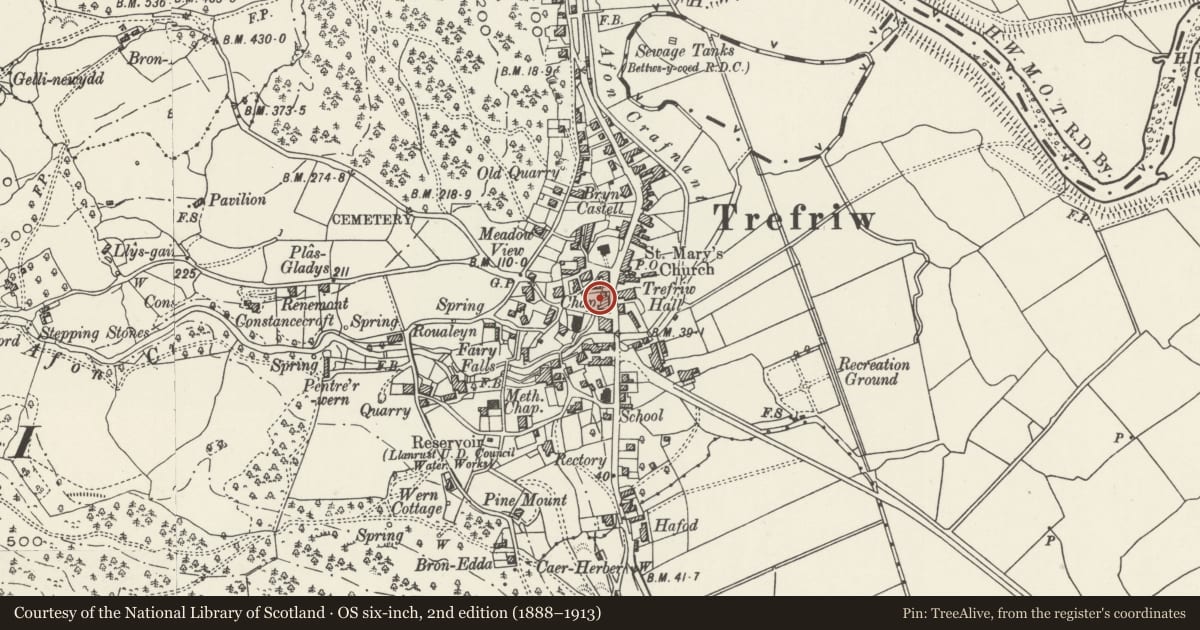 Ordnance Survey six-inch map, 2nd edition (1888–1913) covering the location of Plas Coch, Trefriw, Conwy, with a pin at the register's coordinates