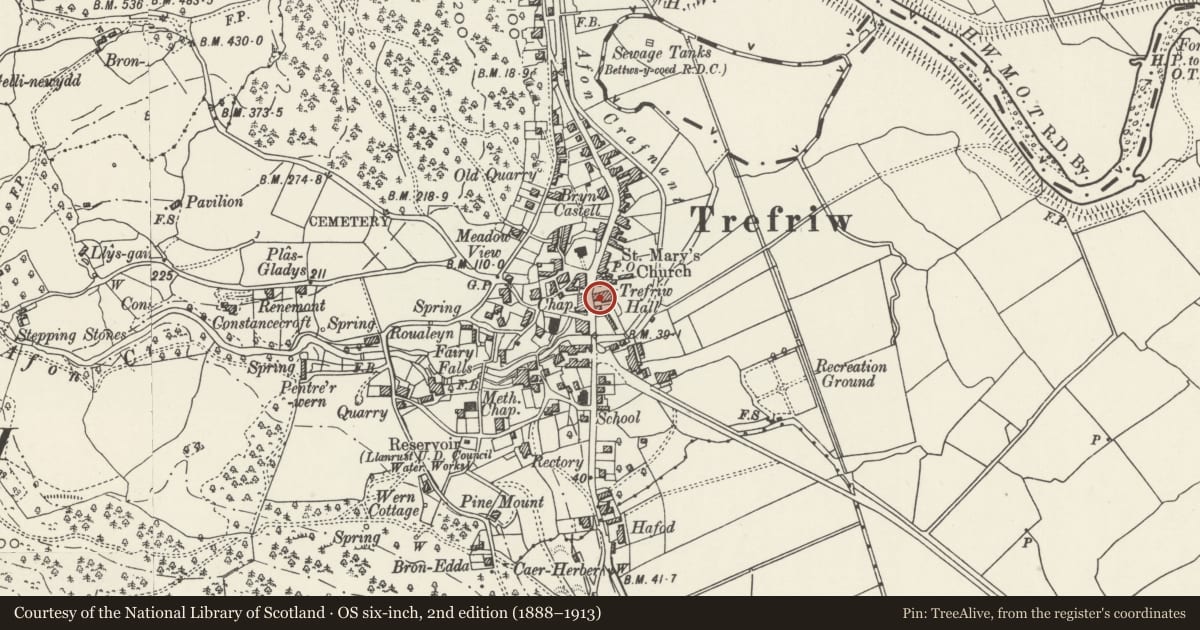 Ordnance Survey six-inch map, 2nd edition (1888–1913) covering the location of Trefriw Hall, Conwy, with a pin at the register's coordinates