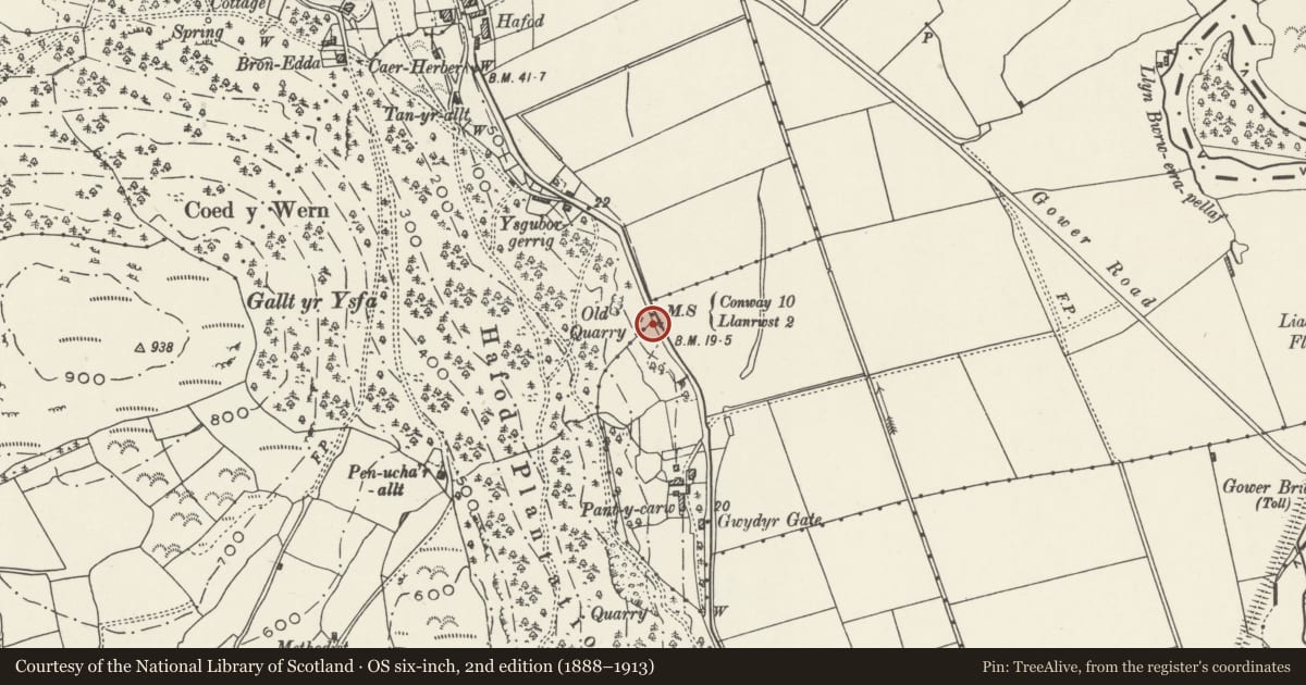 Ordnance Survey six-inch map, 2nd edition (1888–1913) covering the location of Milestone, Trefriw, Conwy, with a pin at the register's coordinates