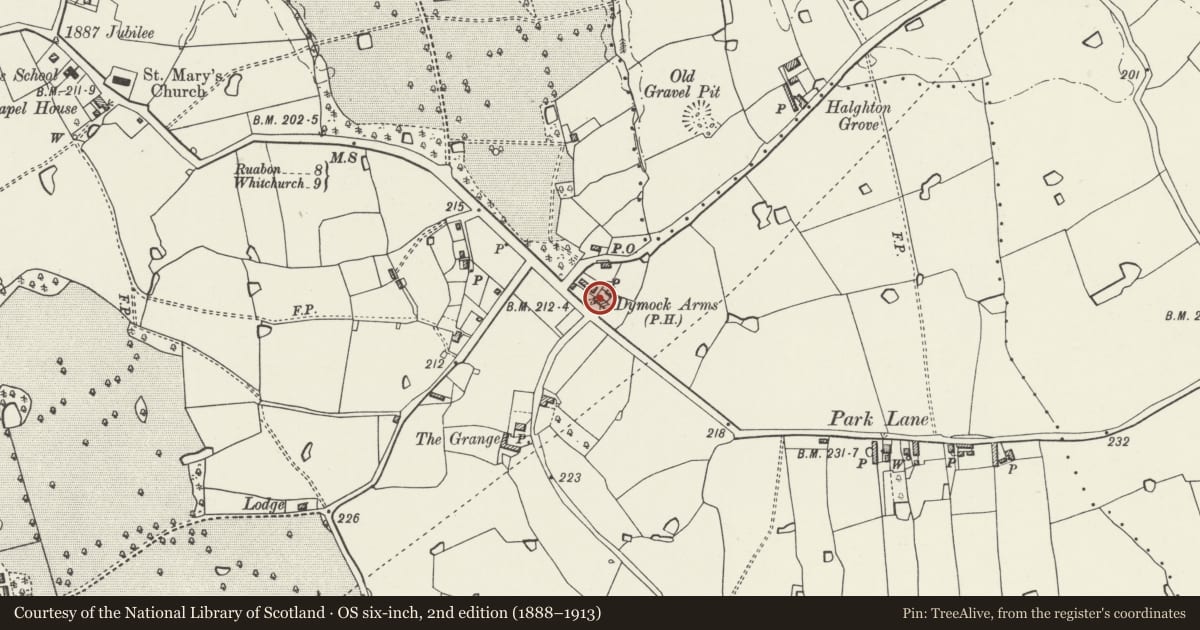 Ordnance Survey six-inch map, 2nd edition (1888–1913) covering the location of Dymock Arms, Maelor South, Wrexham, with a pin at the register's coordinates